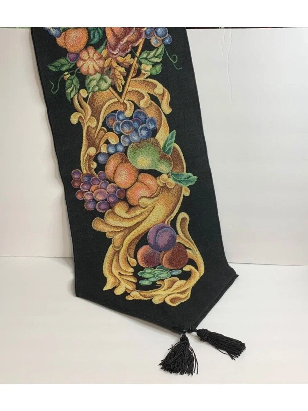 Ambrosia Tapestry Table Runner Fruit Design Black Tassels 13x72 Inches Made USA